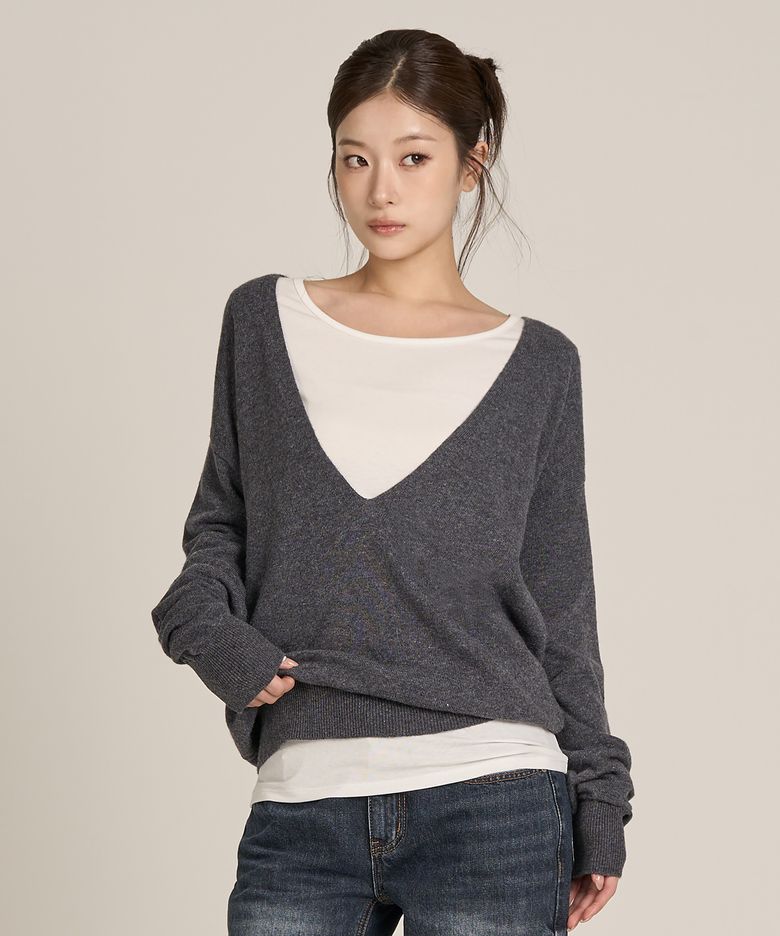 Deep V-neck Knit (Charcoal)