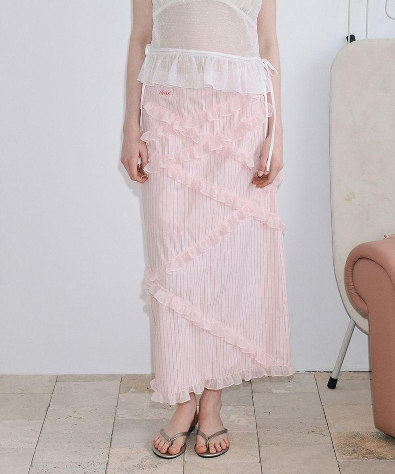 Chiffon Frill Stripe Long Skirt (Pink)