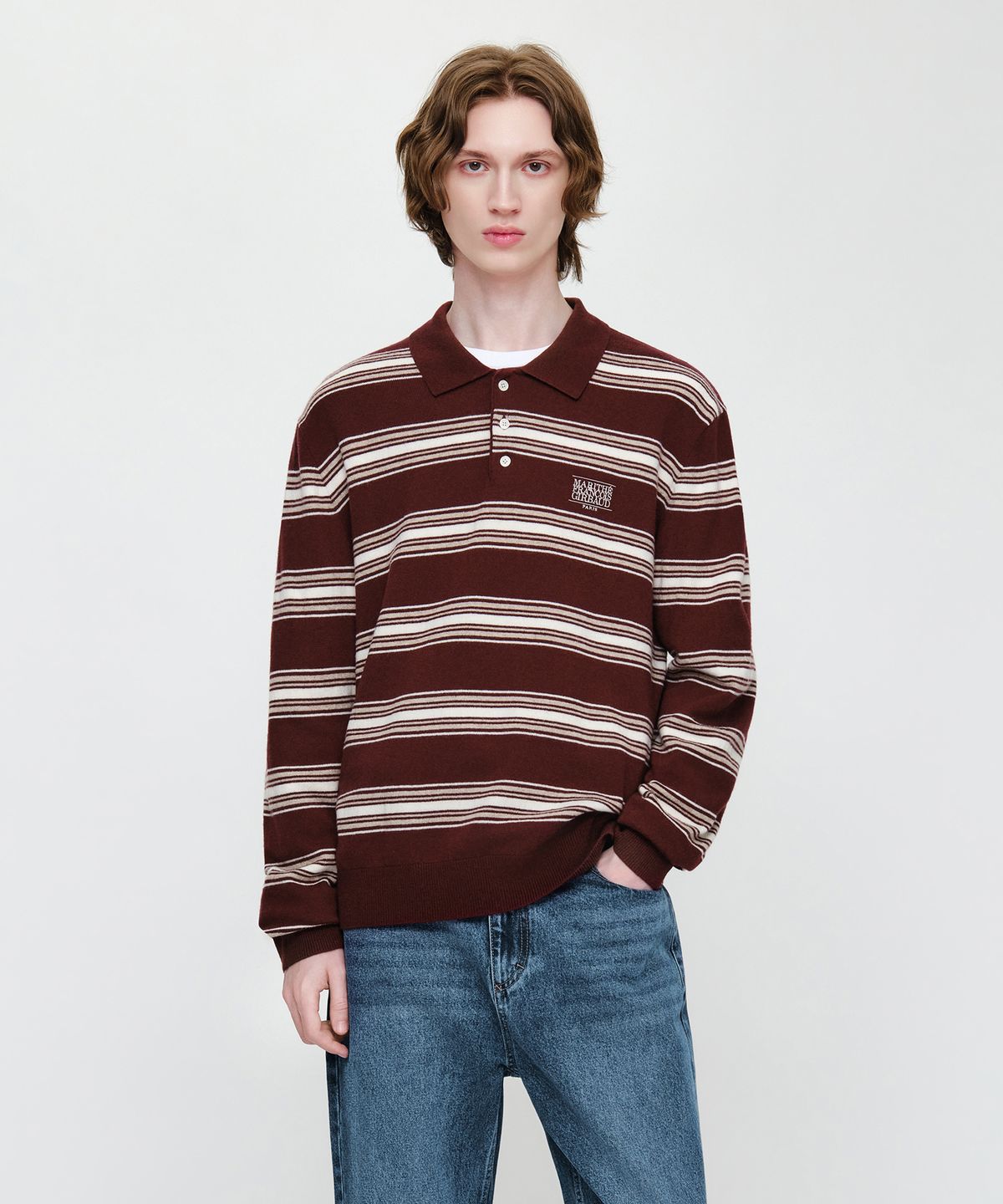 마리떼 프랑소와 저버(MARITHÉ + FRANҪOIS GIRBAUD) SMALL CLASSIC LOGO MULTI STRIPE POLO KNIT burgundy