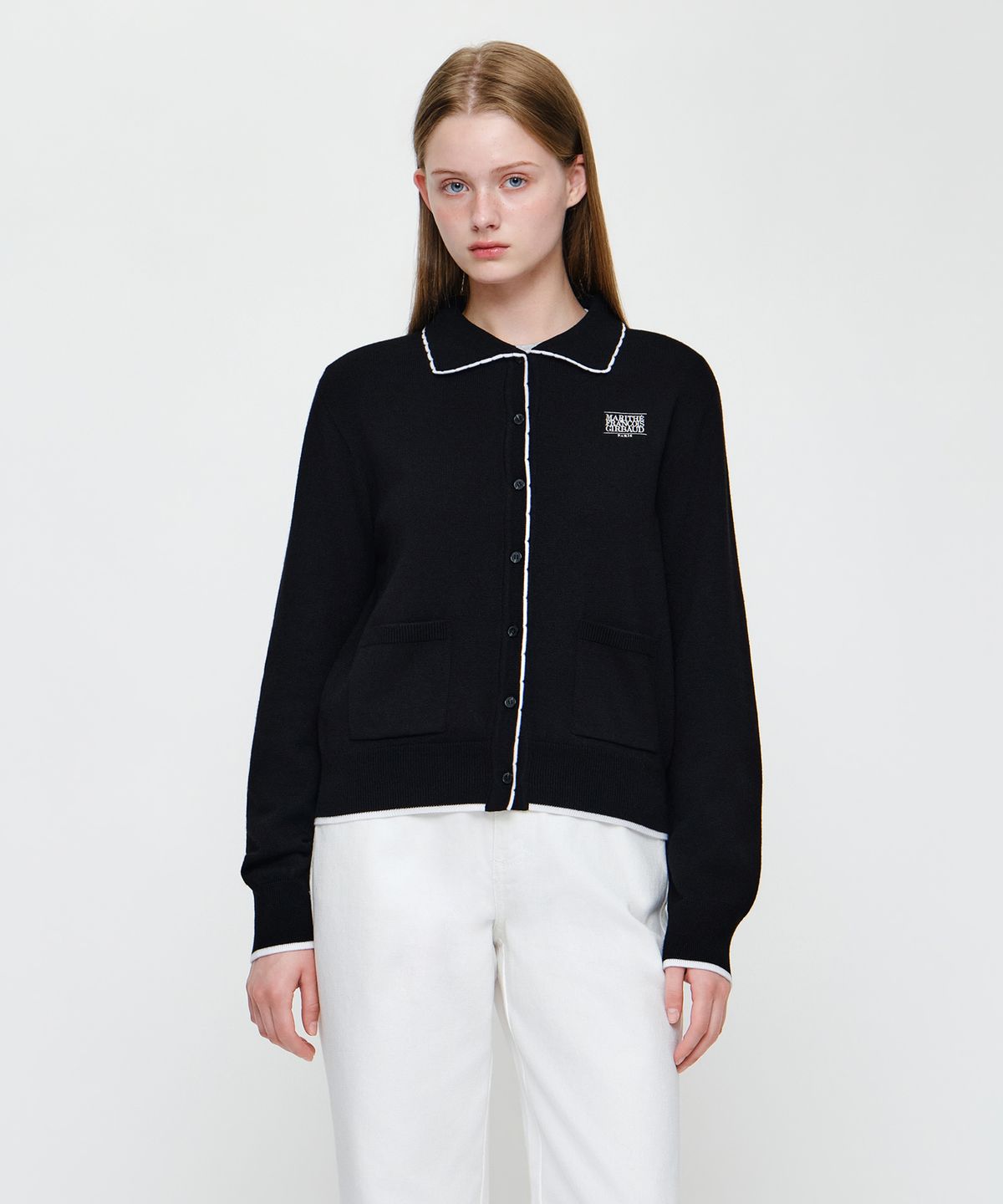 마리떼 프랑소와 저버(MARITHÉ + FRANҪOIS GIRBAUD) W SMALL CLASSIC LOGO COLLAR LACE TRIMMING CARDIGAN black