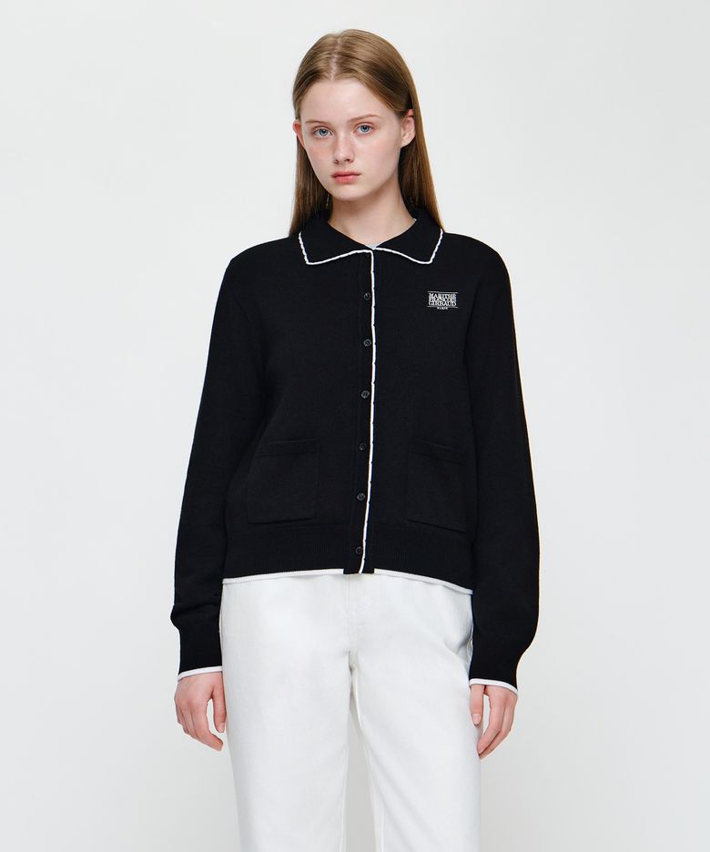 W SMALL CLASSIC LOGO COLLAR LACE TRIMMING CARDIGAN black