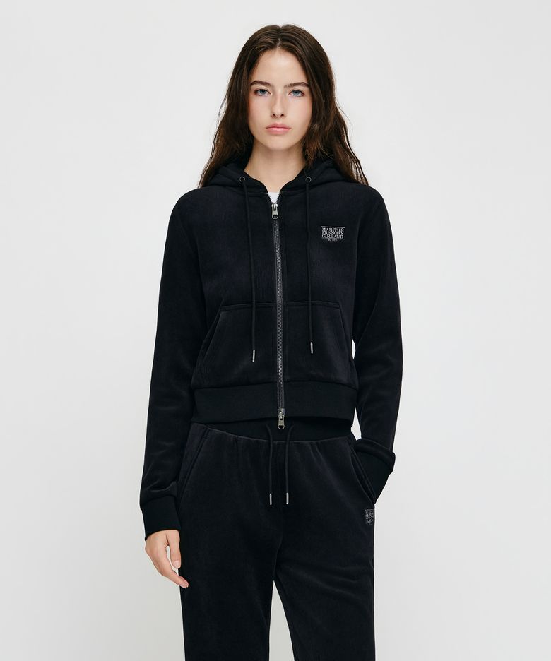 W SMALL CLASSIC LOGO SLIM FIT VELOUR CROP HOODIE ZIPUP black