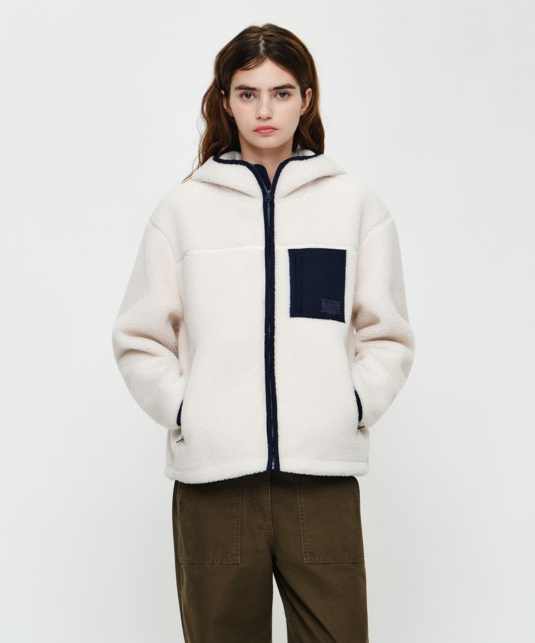 HOODED COLOR BLOCK FLEECE JACKET ivory