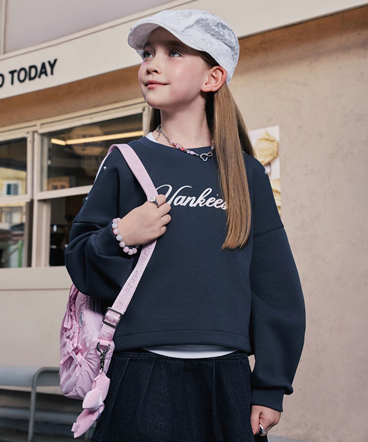 엠엘비 키즈(MLB KIDS) 스트릿 걸즈 어깨 트임 레이어드 맨투맨 NY (D.Charcoal Grey)