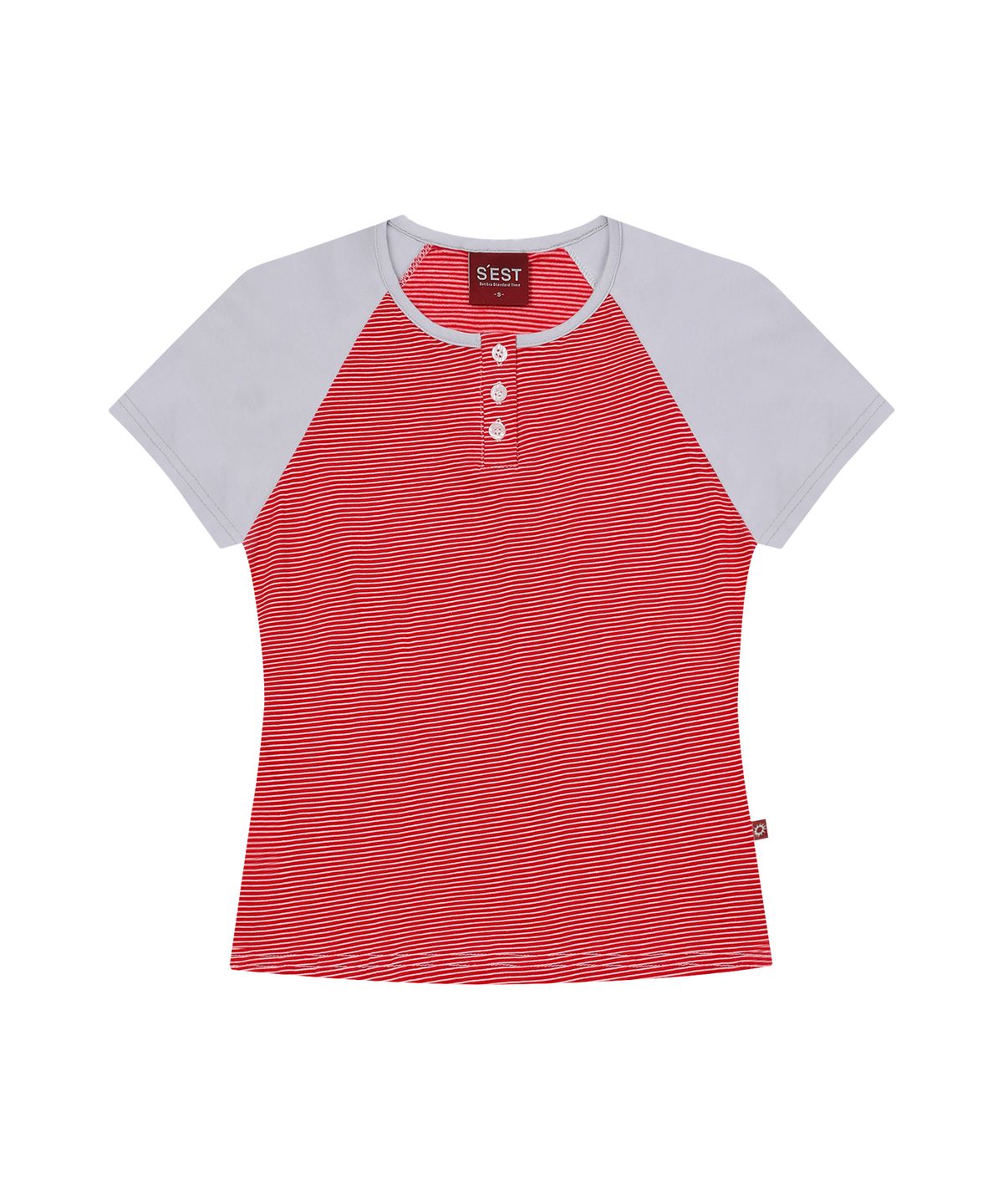 에스이에스티(S'EST) Stripe Block Henry Neck Slim Fit T-shirts Red