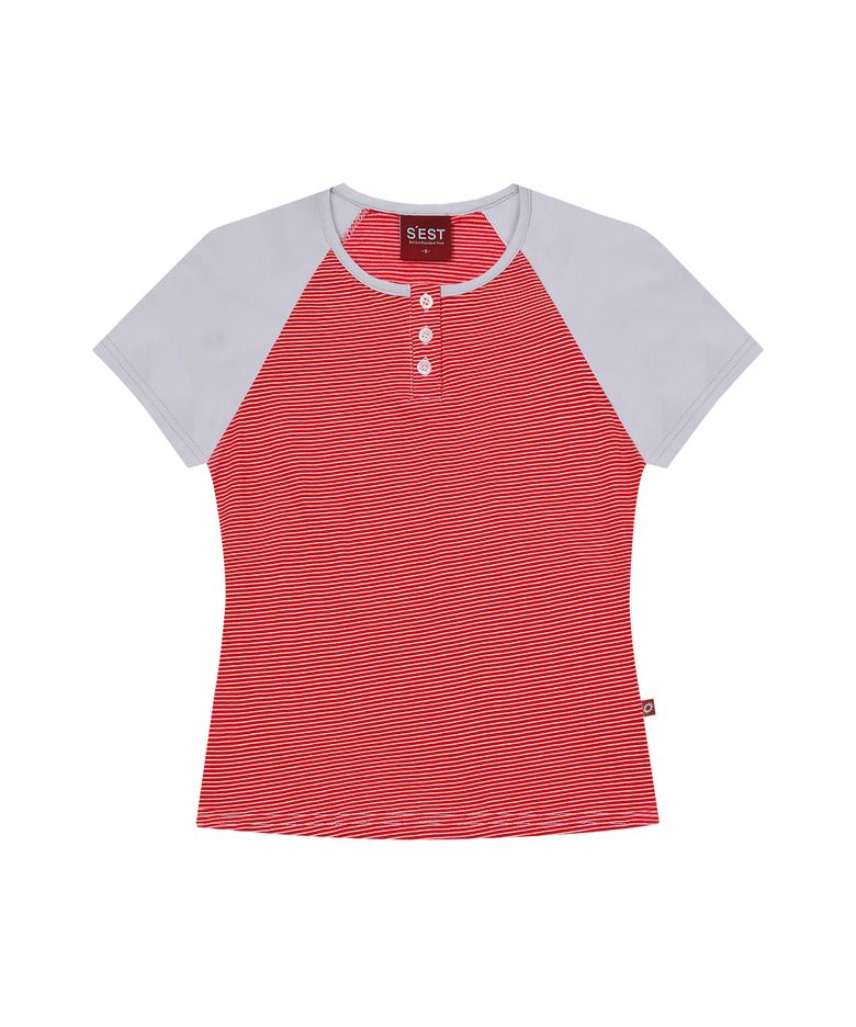 Stripe Block Henry Neck Slim Fit T-shirts Red