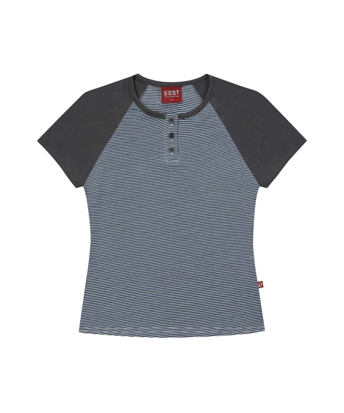 에스이에스티(S'EST) Stripe Block Henry Neck Slim Fit T-shirts Navy