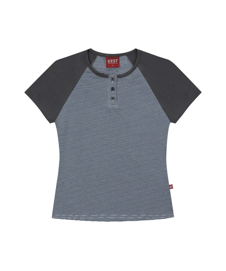 Stripe Block Henry Neck Slim Fit T-shirts Navy