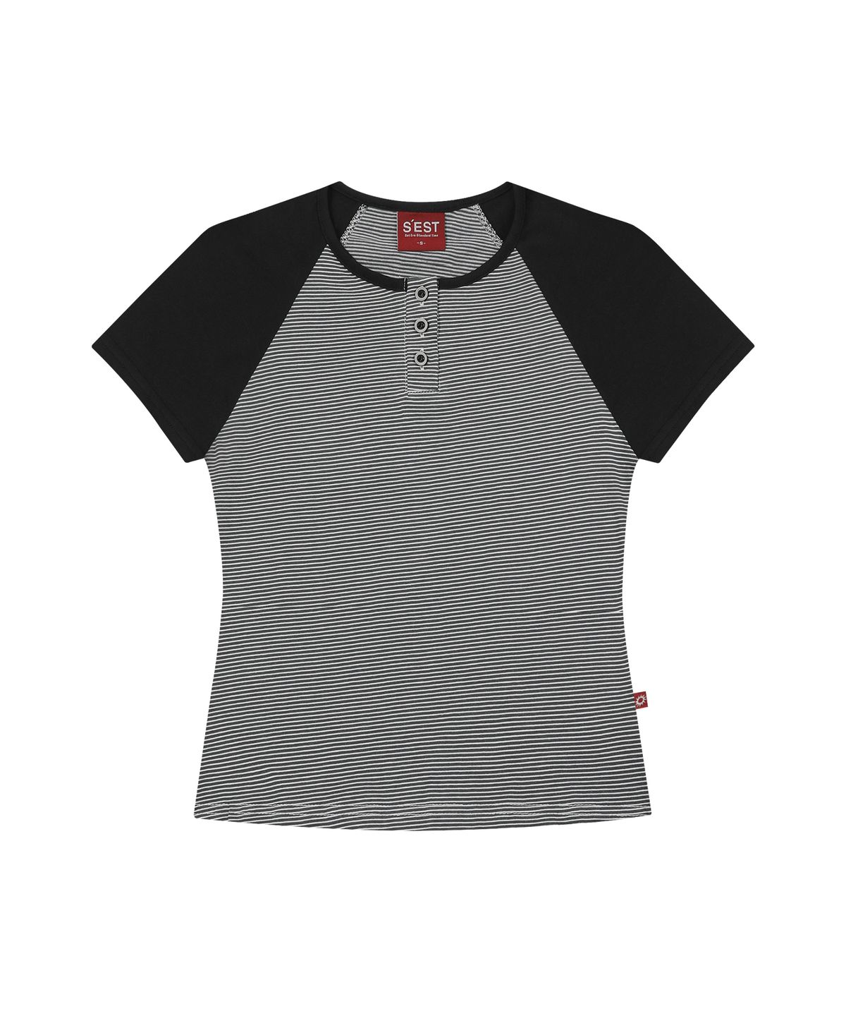 에스이에스티(S'EST) Stripe Block Henry Neck Slim Fit T-shirts Charcoal