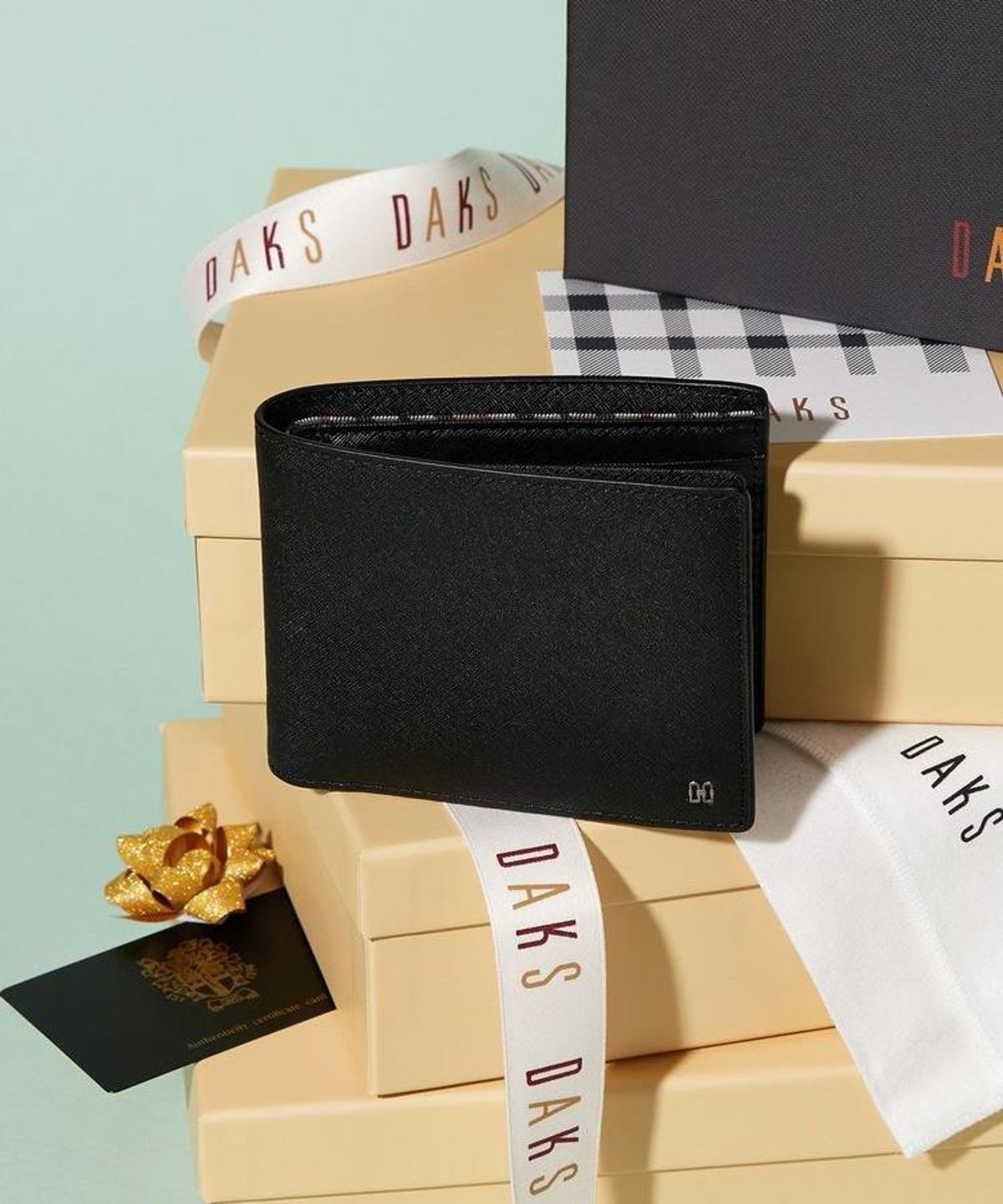 닥스 남성 액세서리(DAKS MEN'S ACCESSORIES) 블랙 가죽 미니 DD로고 내부 체크 패턴 라인 포인트 DBWA6F975BK