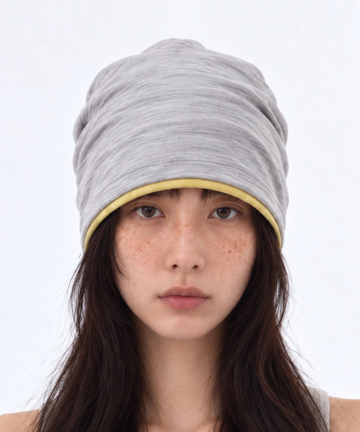 언더컨트롤(UNDERCONTROL) 쿨 투톤 배색 코튼 롱 루즈핏 모자 BEANIE / LAYERED SLUB / LIGHT GREY