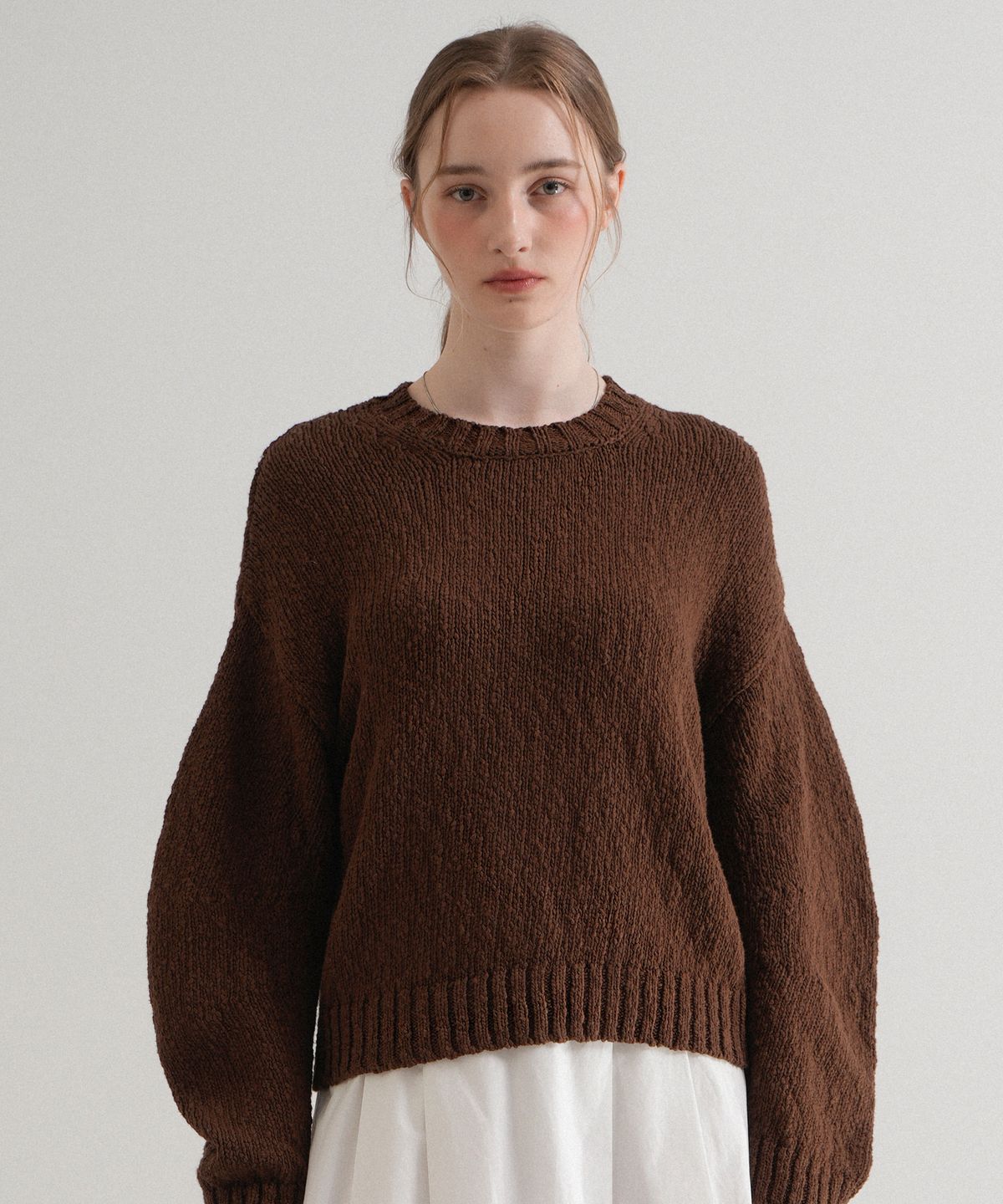 블레티(VLETI) [Cotton 100%] Round Cotton Boucle Balloon Knit (Brown)