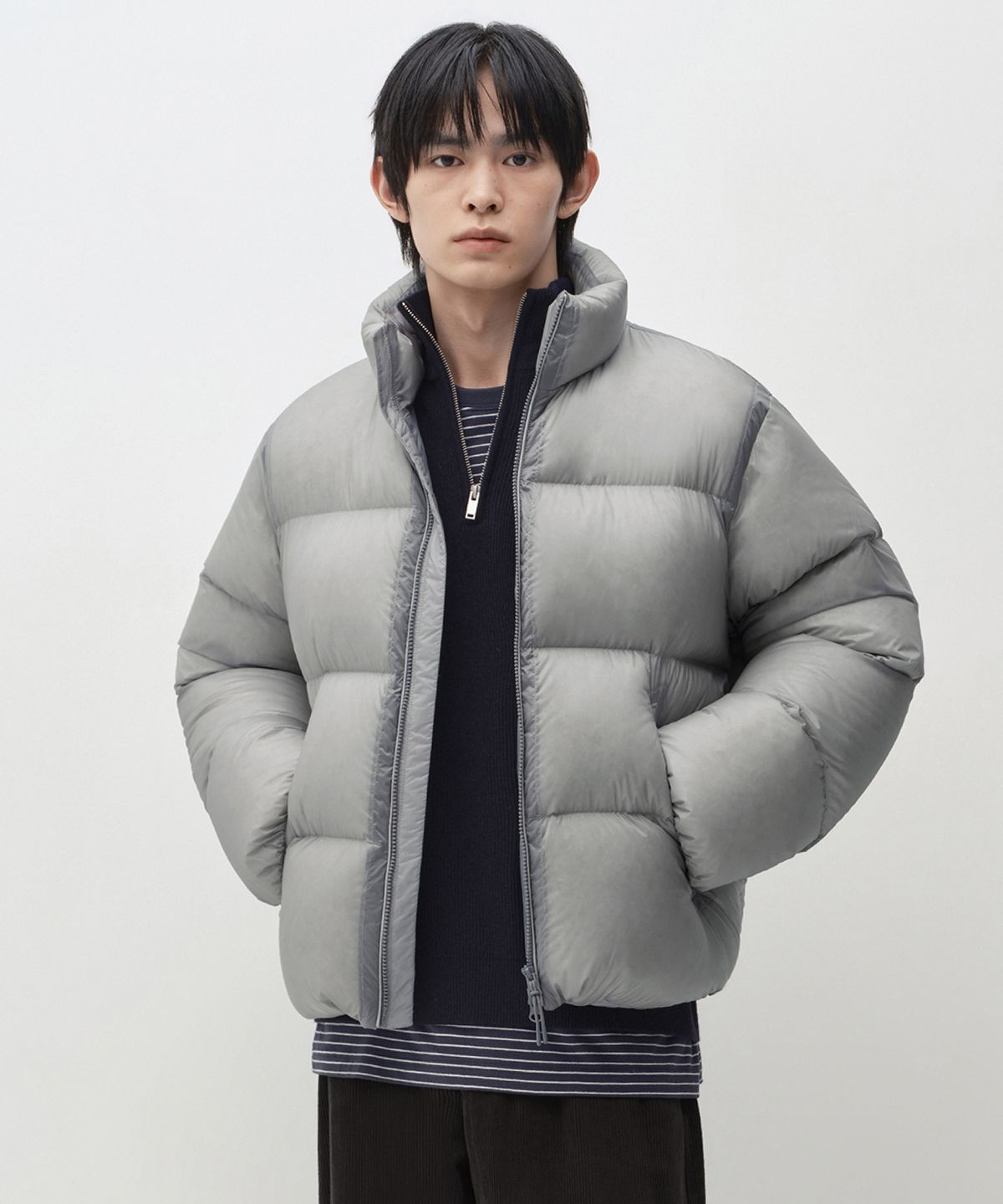 무신사 스탠다드(MUSINSA STANDARD) 시어 립스탑 다운 숏 패딩 재킷 [라이트 그레이]