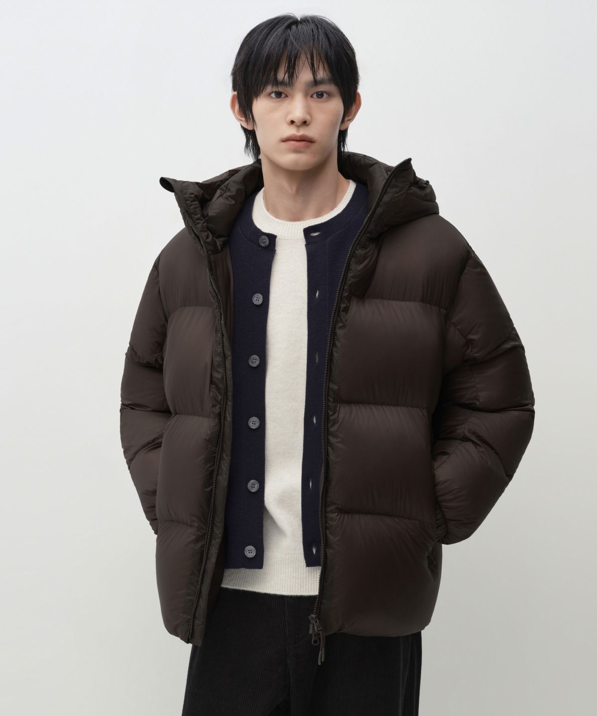 무신사 스탠다드(MUSINSA STANDARD) 시어 립스탑 후디드 다운 재킷 [브라운]