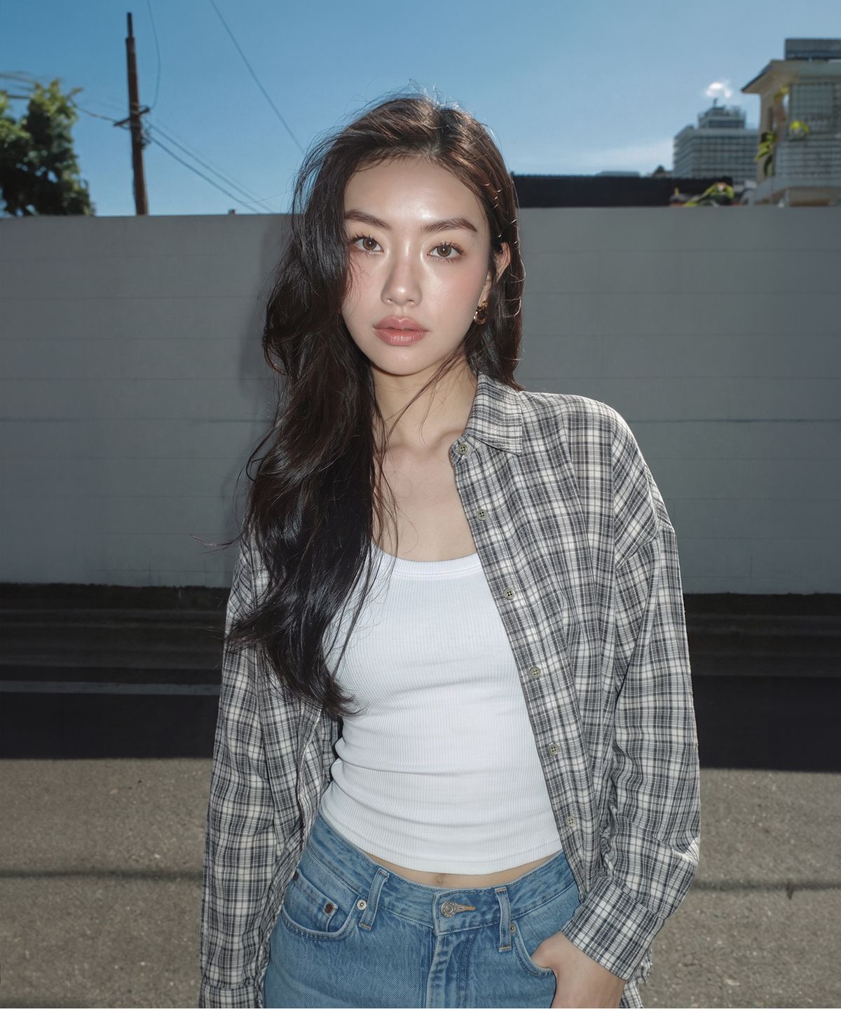 도픈(DOUPWN) 빈티지 루즈핏 코튼 체크 셔츠 [그레이]