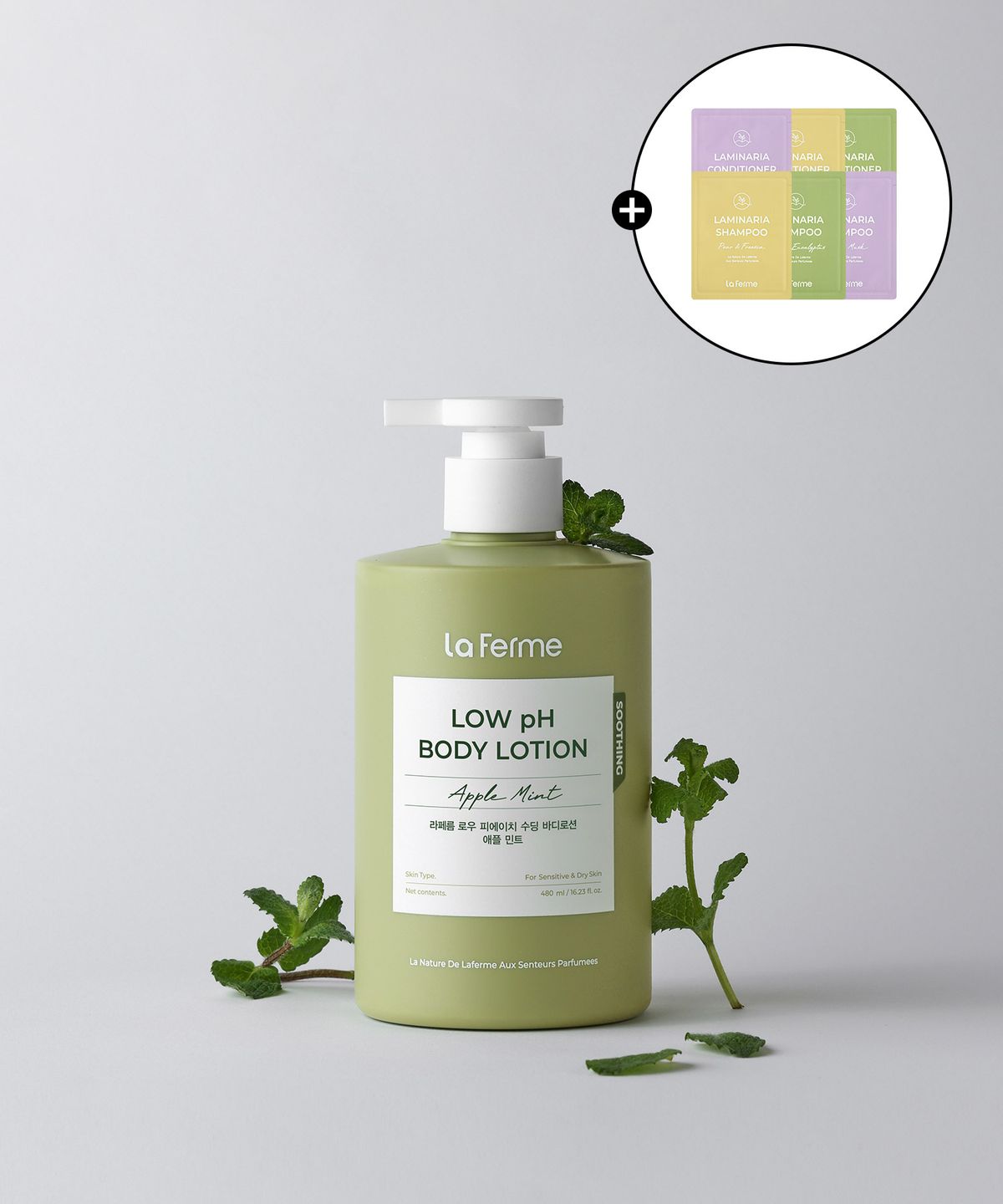 라페름(LA FERME) 로우 피에이치 수딩 바디로션 애플 민트 480ml (+샴푸, 컨디셔너 샘플키트 증정)