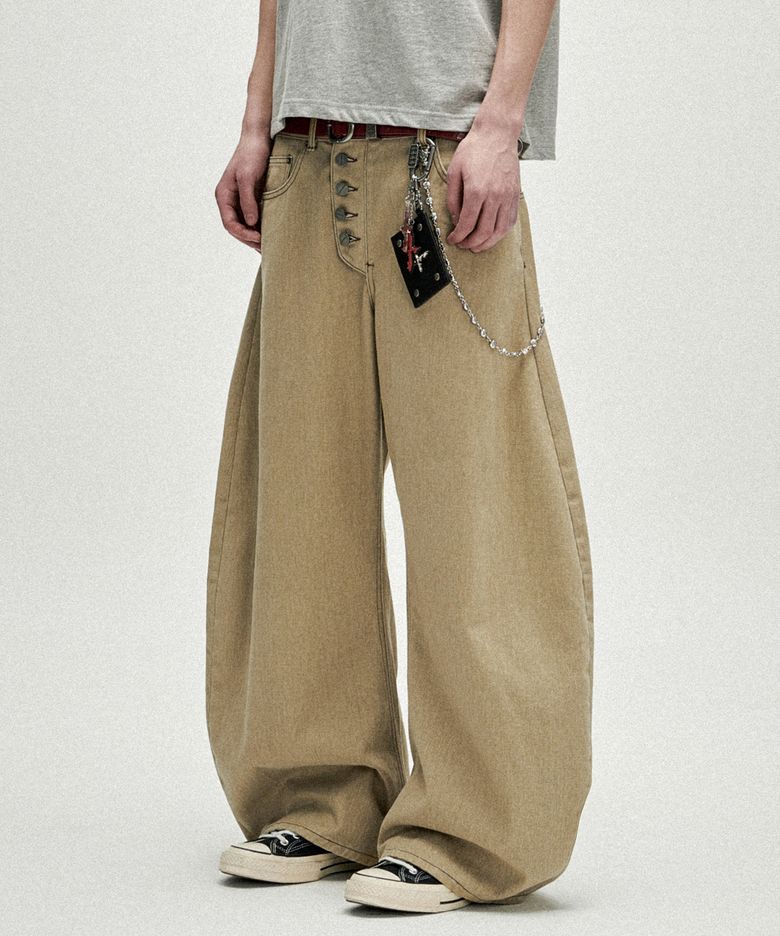 Button Fly Darted Denim Pants - Beige