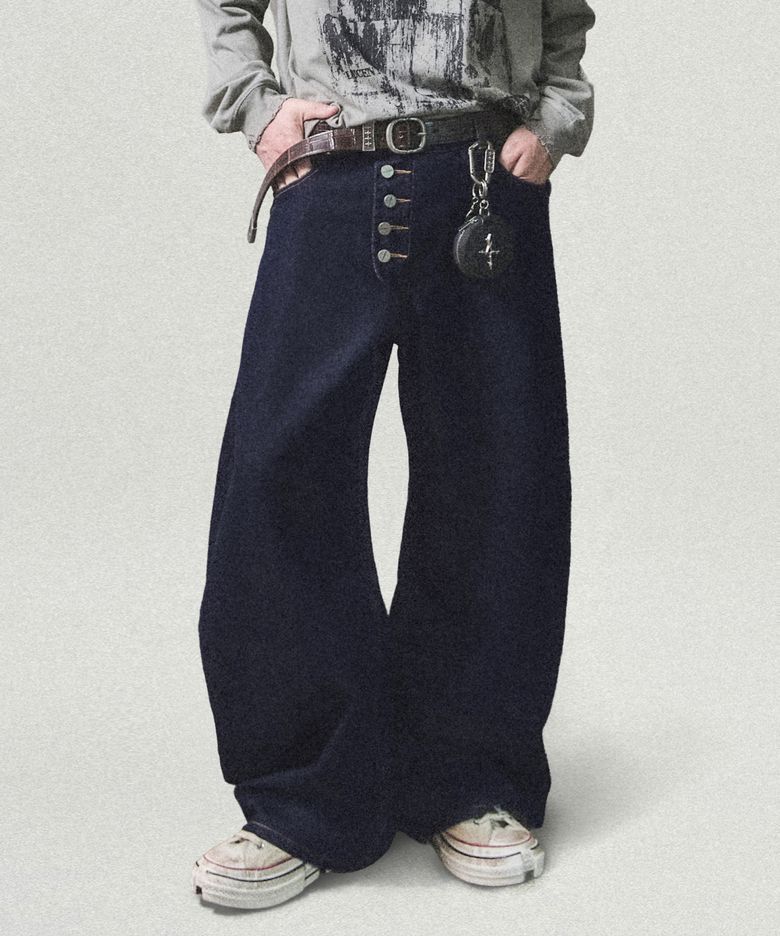 Button Fly Darted Denim Pants - Deep Indigo