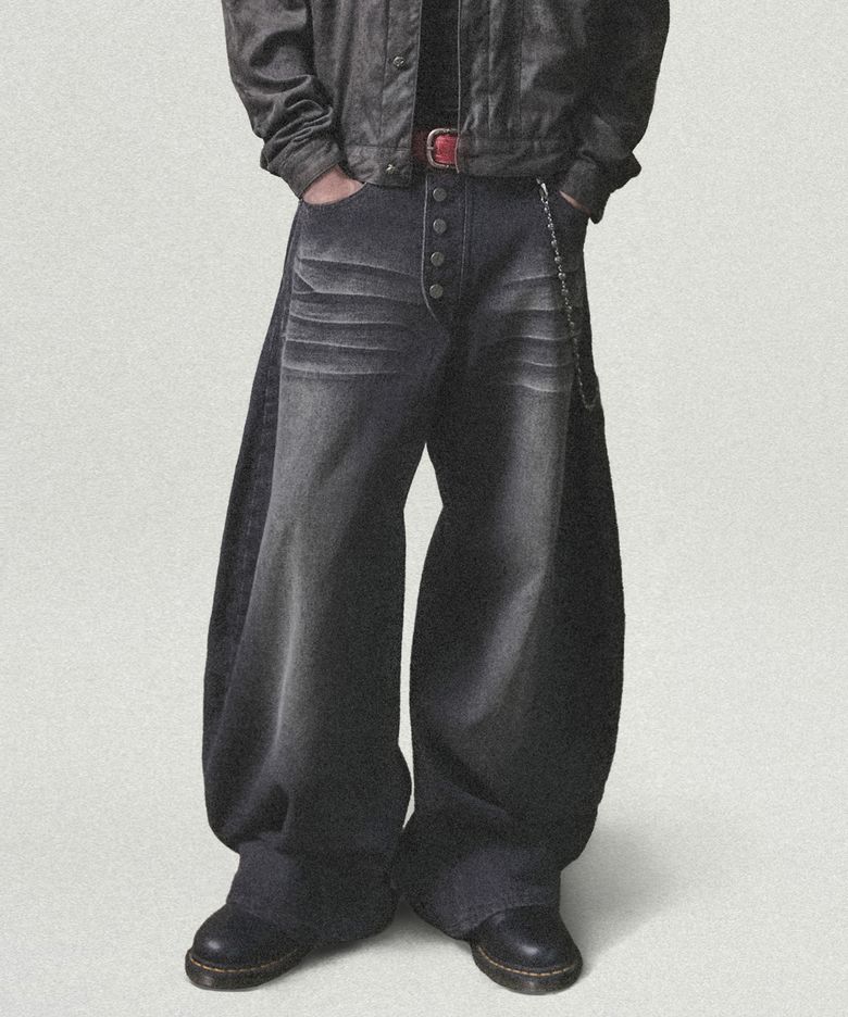 Button Fly Darted Denim Pants - Black