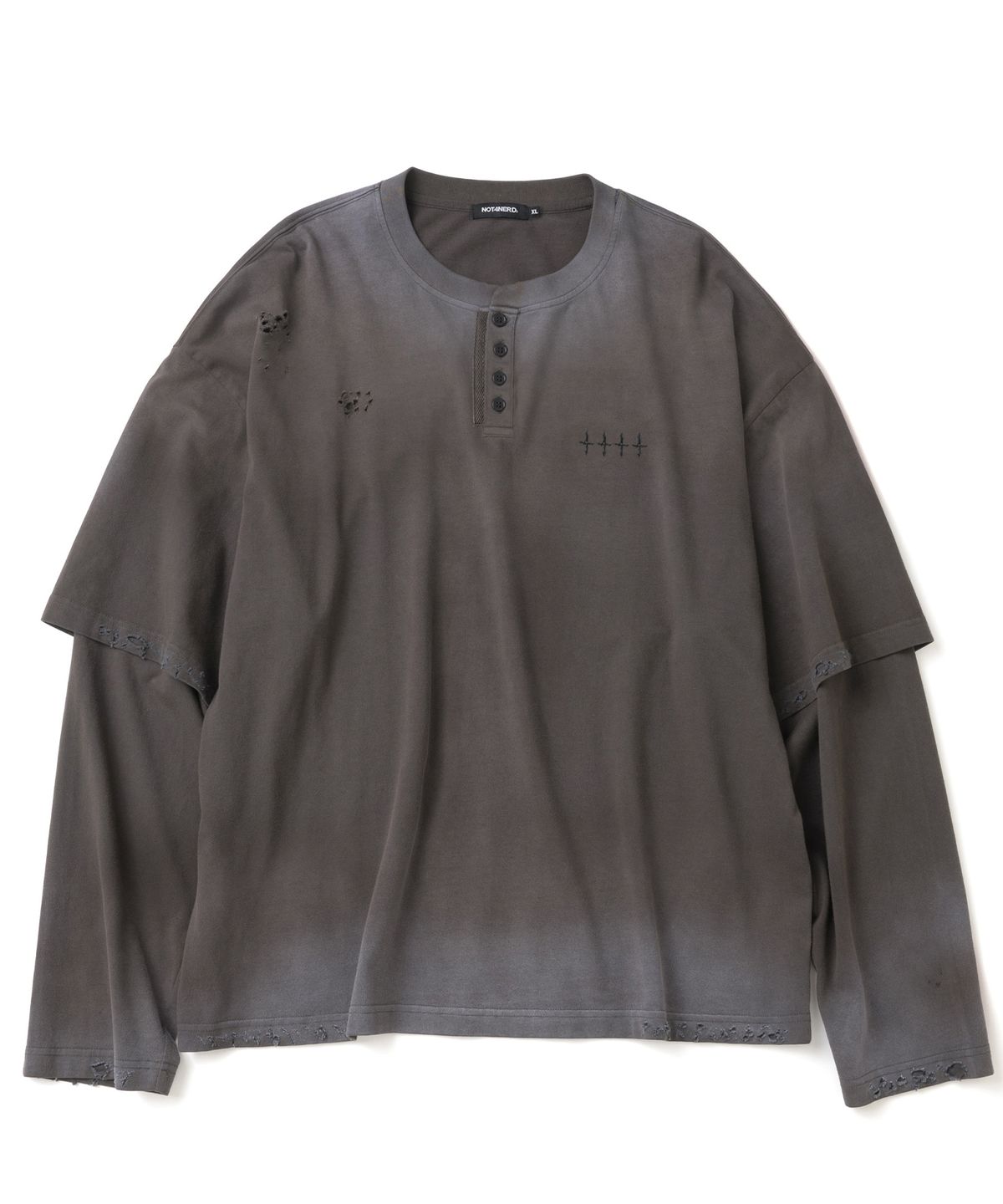낫포너드(NOT4NERD) Distressed Layered Henley Long Sleeve - Charcoal