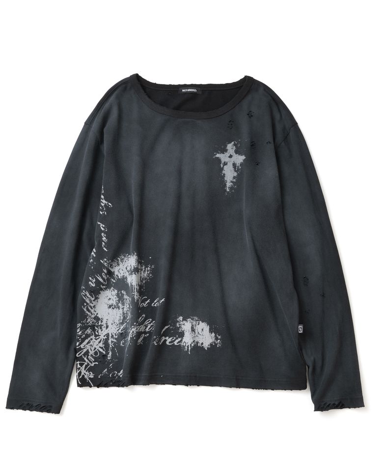 Raw Distressed Dirty Washed U-Neck Long Sleeve - Black