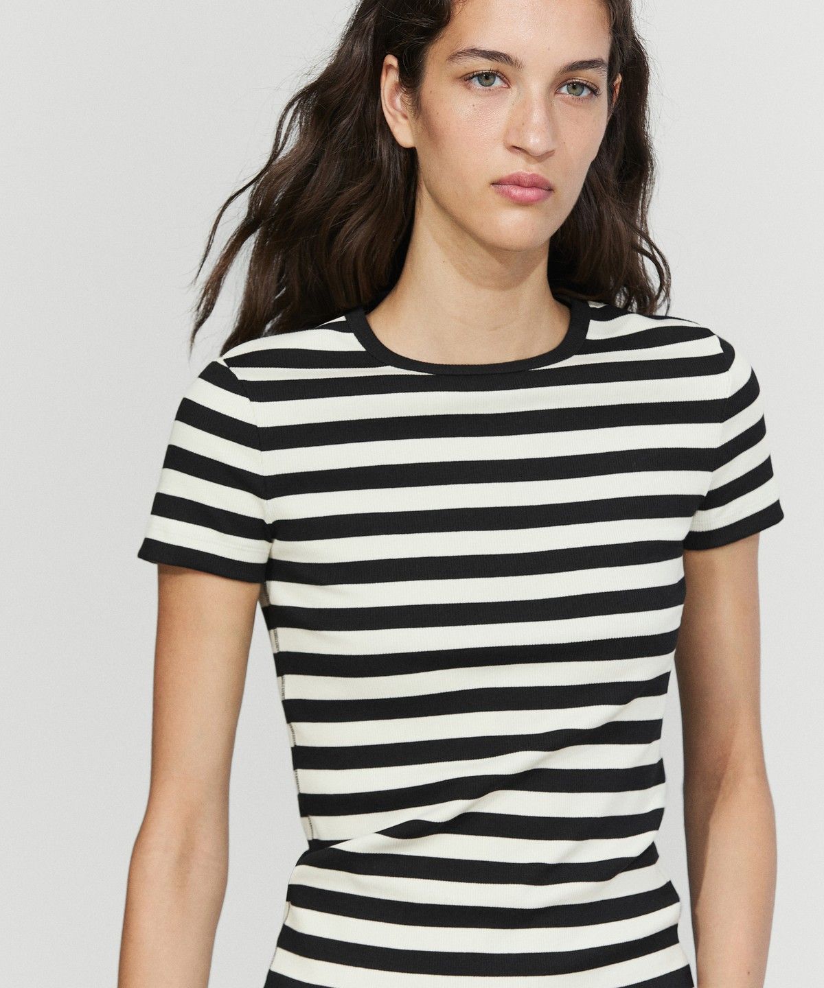 마시모두띠(MASSIMO DUTTI) 스트라이프 코튼 블렌드 반팔 티셔츠