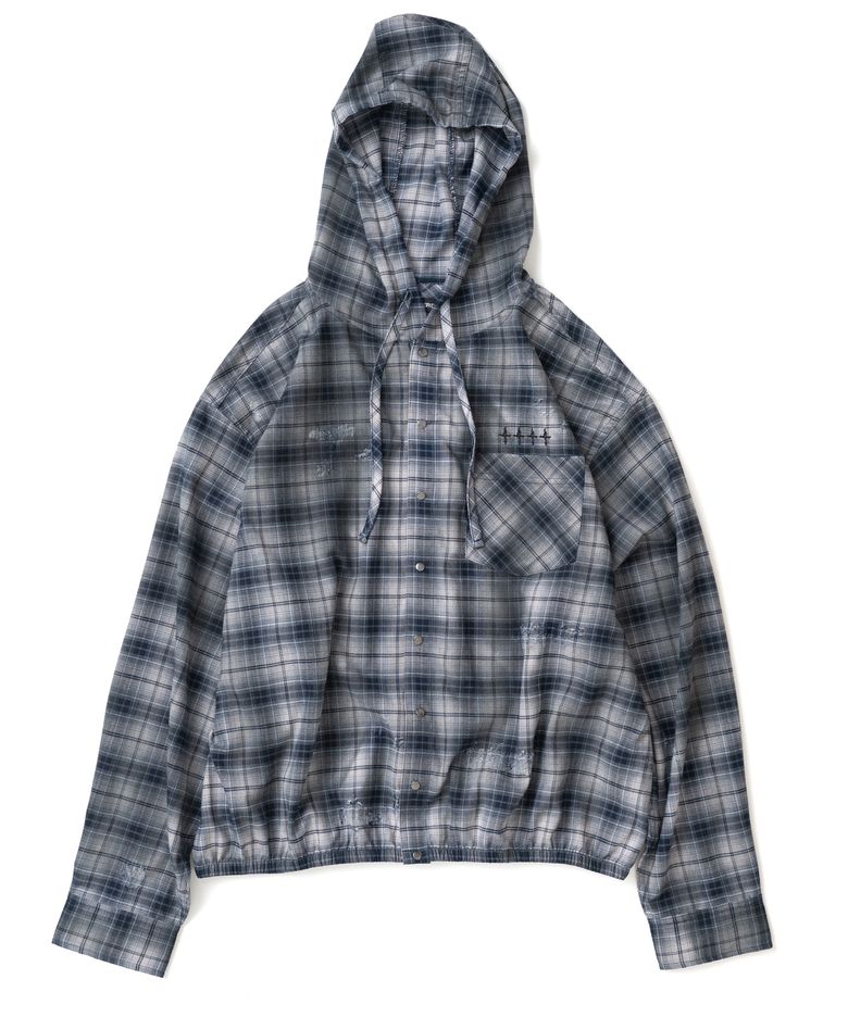 Dirty Washed Distressed Check Hood Shirt - Navy
