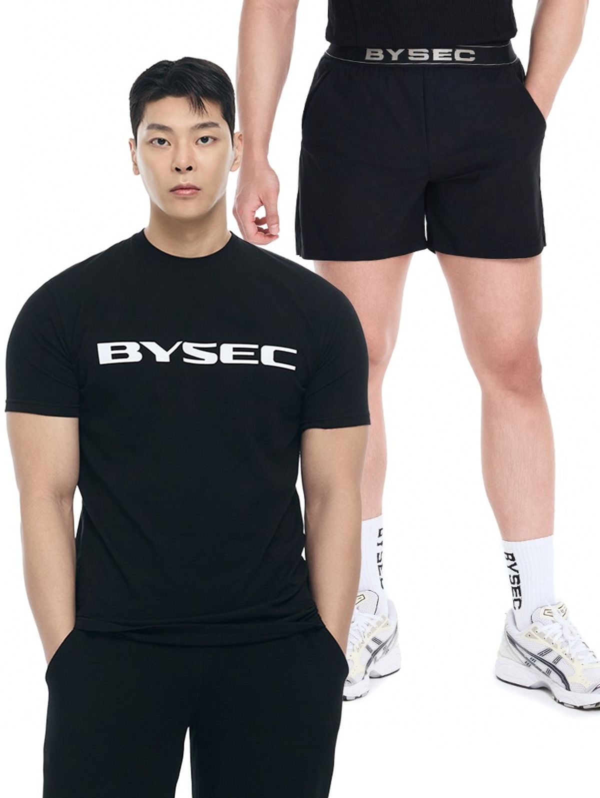 바이젝(BYSEC) [SET] 머슬 스판 메인로고 숏슬리브_2Color + 우븐스판 머슬 브레이커 쇼츠_3Color