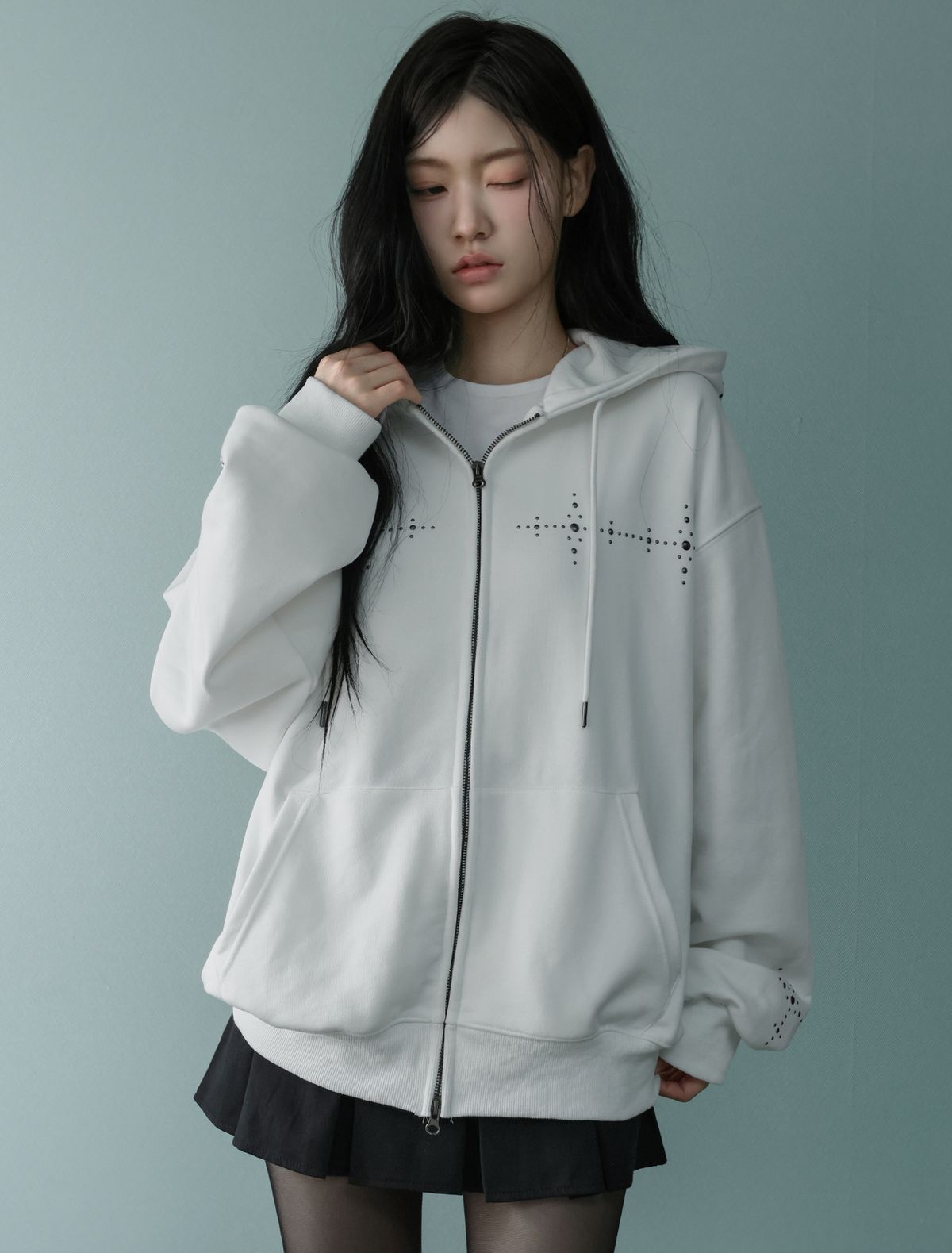 루프(LOOXP) 크로스 스톤 오버핏 후드집업 아이보리