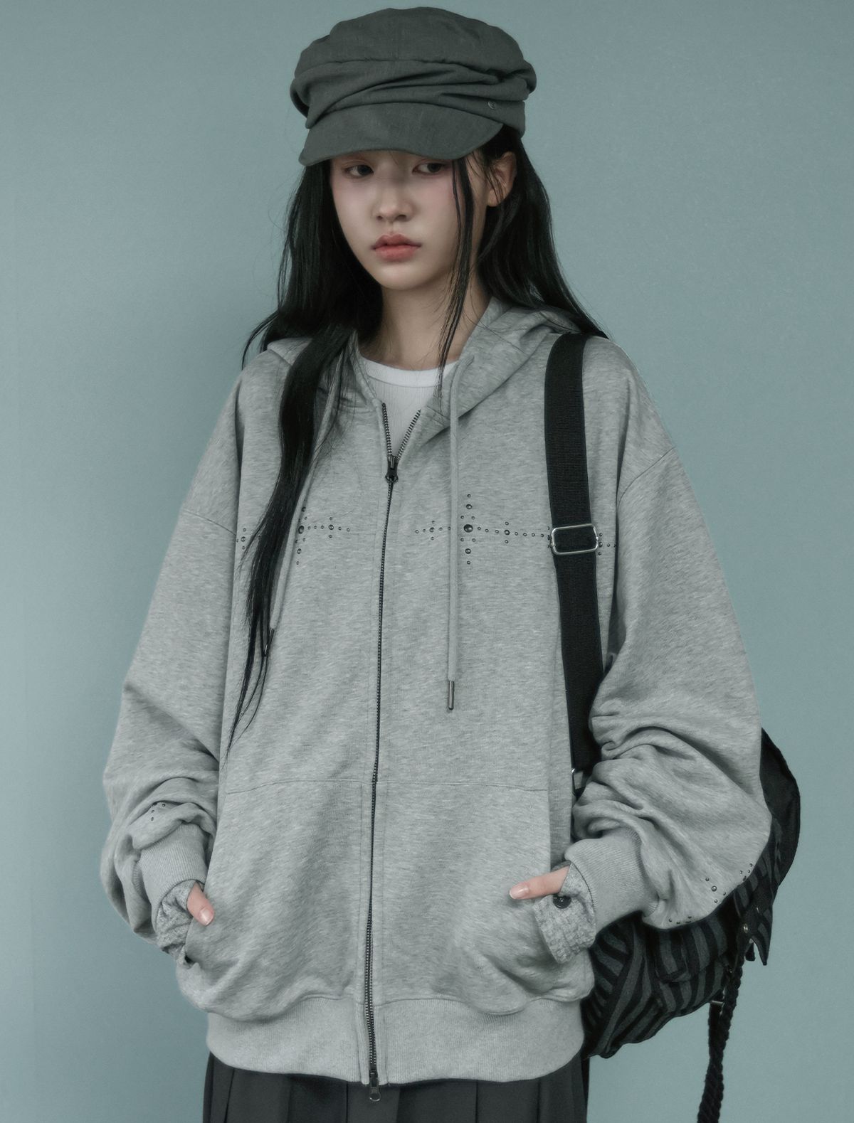 루프(LOOXP) 크로스 스톤 오버핏 후드집업 그레이