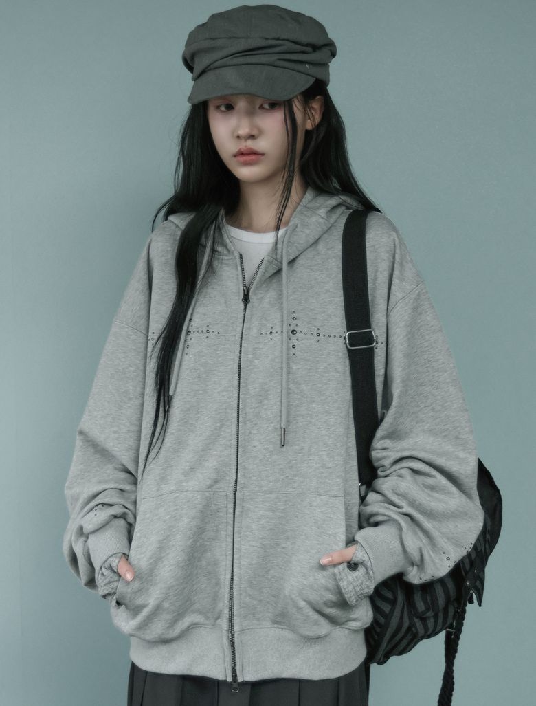 크로스 스톤 오버핏 후드집업 그레이