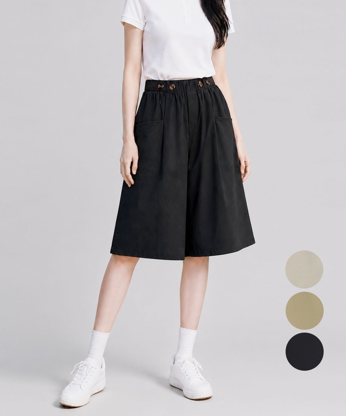 김영주 골프(KIM YOUNG JOO GOLF) 여름 버튼 와이드핏 밴딩 스판 여성 5부 반바지 DQMLHS06