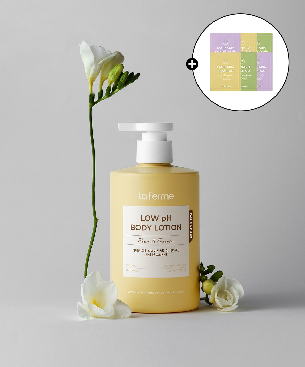 라페름(LA FERME) 로우 피에이치 밸런싱 바디로션 페어 앤 프리지아 480ml (+샴푸, 컨디셔너 샘플키트 증정)