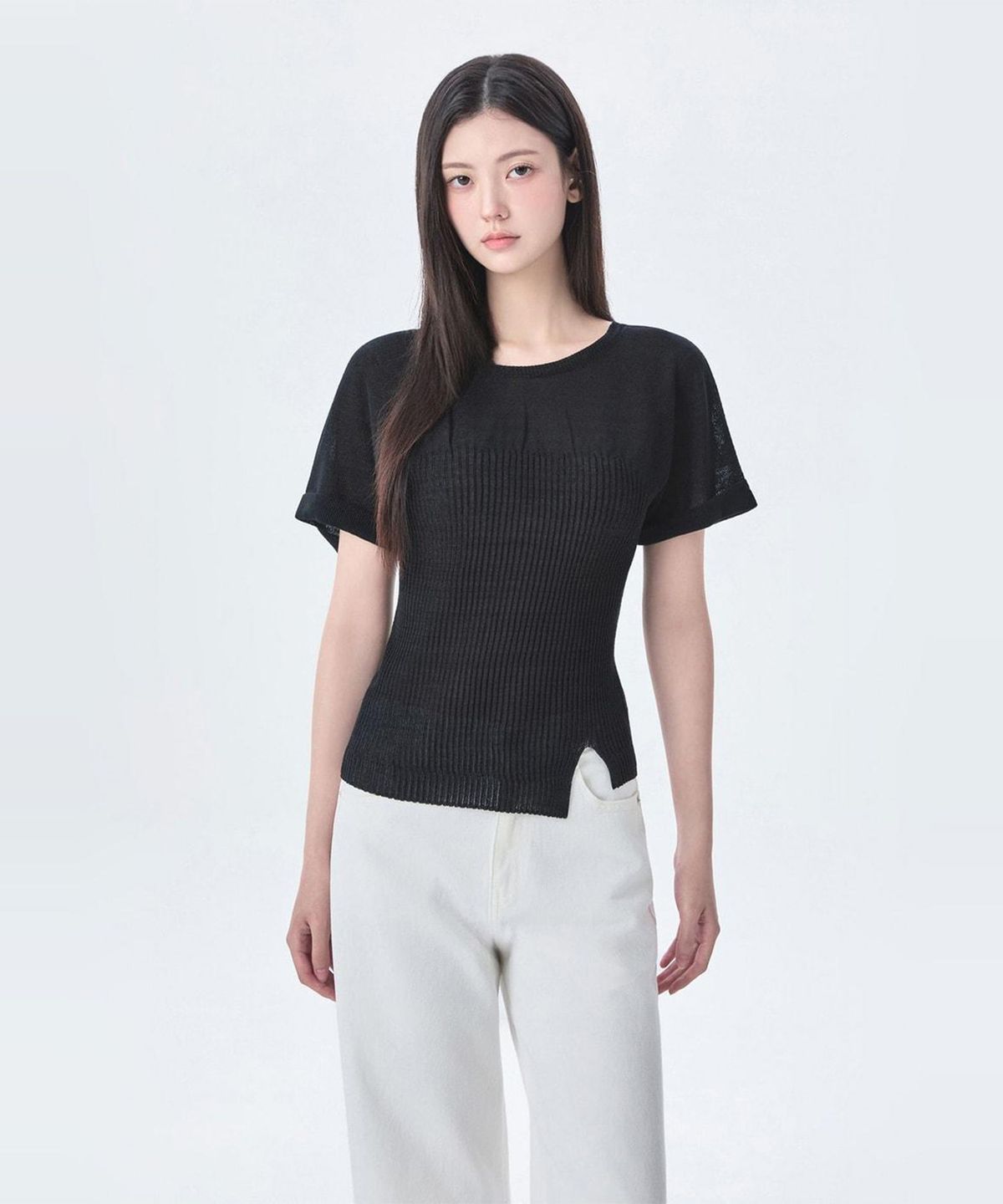 미쏘(MIXXO) 슬림 셔링 반팔 니트_MIWKAG94AS