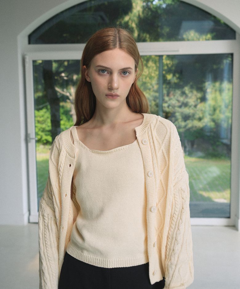 [Cotton 100%] Twisted Cardigan & Sleeveless Knit SetUp (Cream beige)