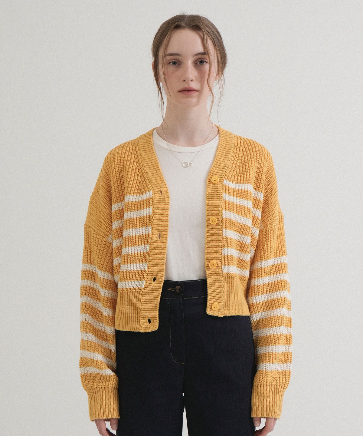 블레티(VLETI) V-neck Ribbed Stripe Knit Cardigan (Yellow)