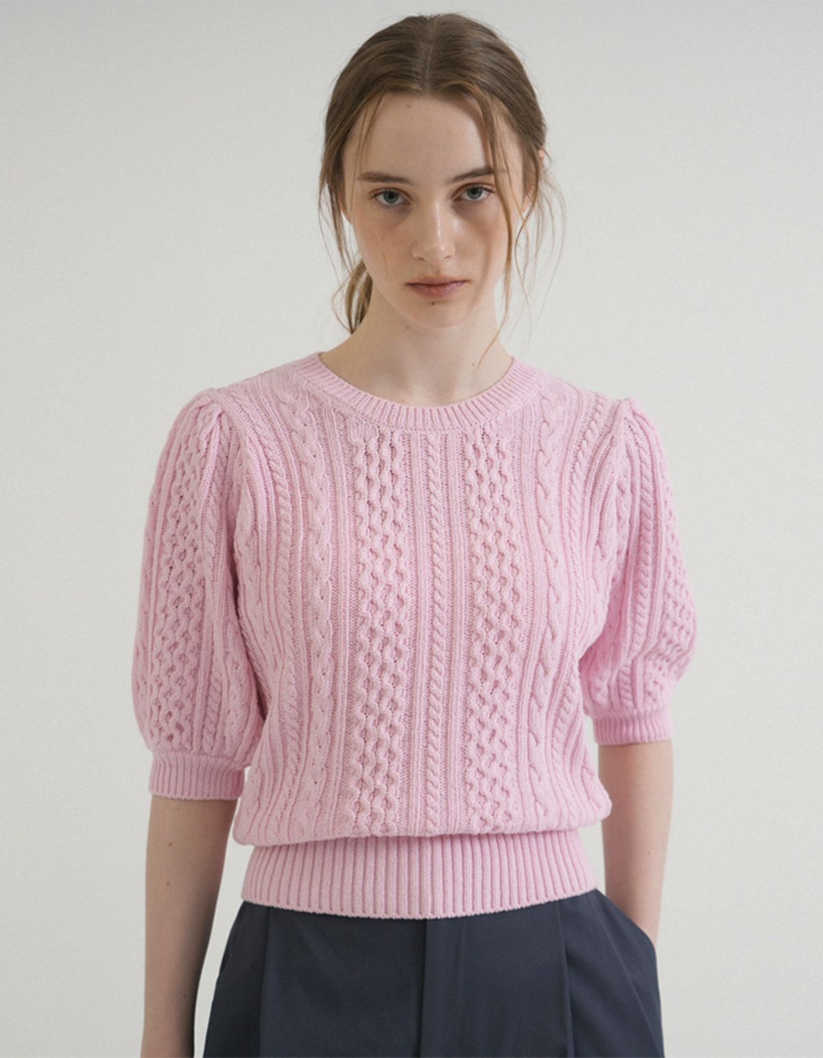 블레티(VLETI) [Cotton 100%] Round Shirring Cable Half Knit (Light_pink)