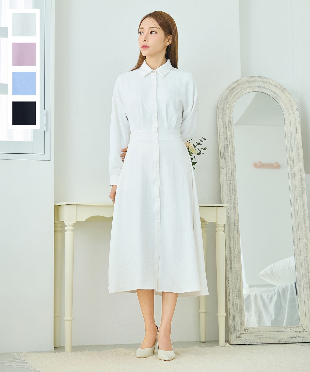 살롱드서울(SALON DE SEOUL) 뉴 제니스 셔츠 원피스 롱 [white/indy pink/ligth blue/black]