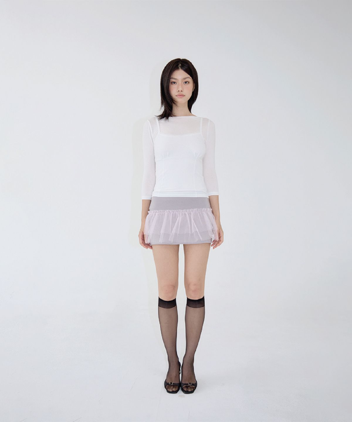 벨리아르(BELLIALEU) TULLE LAYERED MINI SKIRT MAUVE GRAY