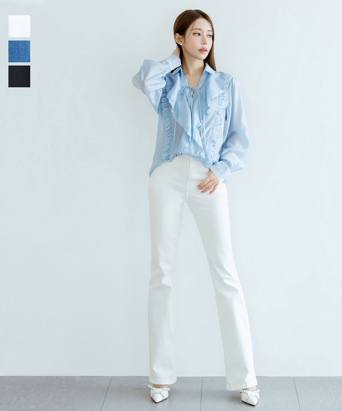 살롱드서울(SALON DE SEOUL) 세미 부츠컷 데님 팬츠 [ White/Blue/Black ]
