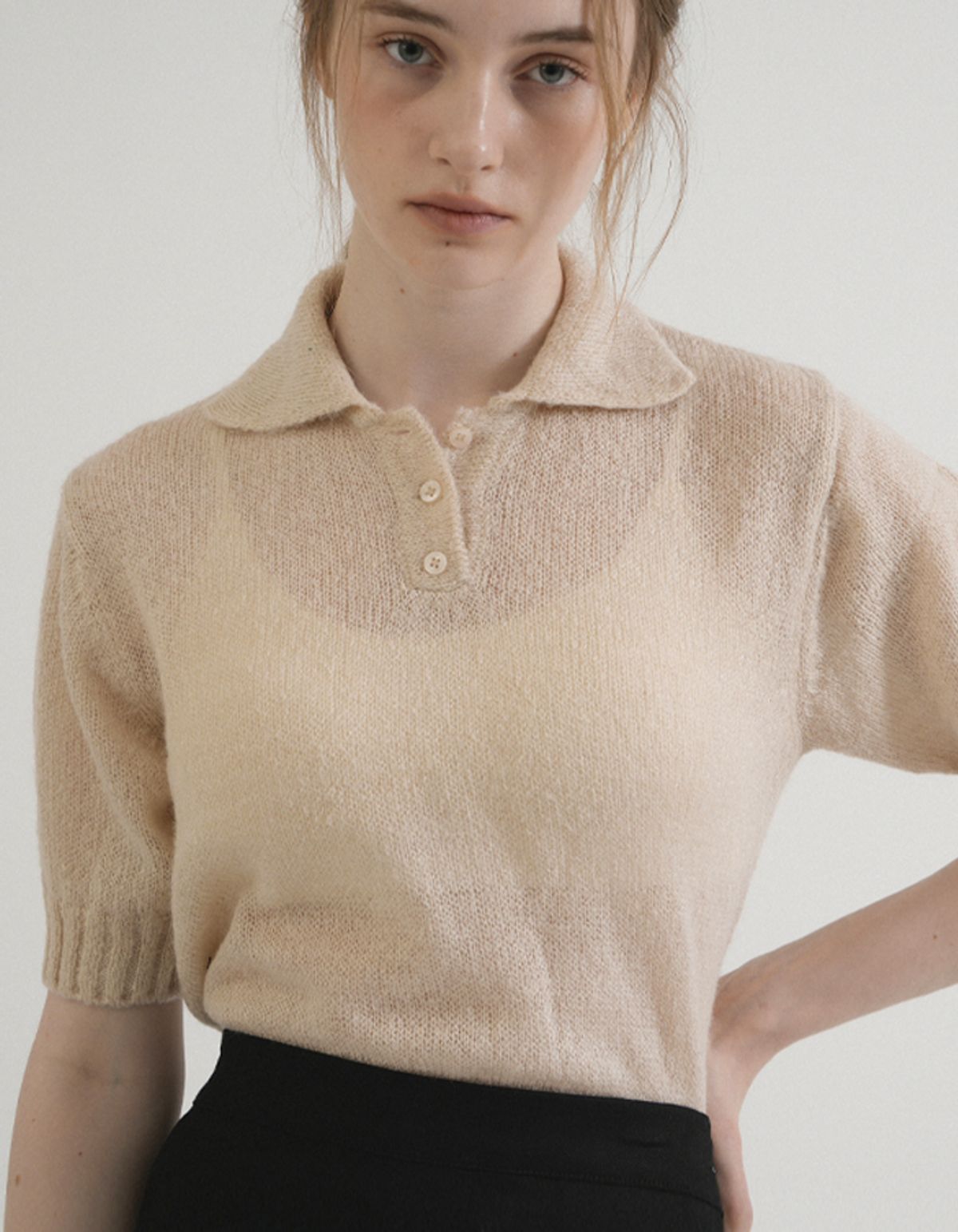 블레티(VLETI) Button Collar Half Knit (Creambeige)