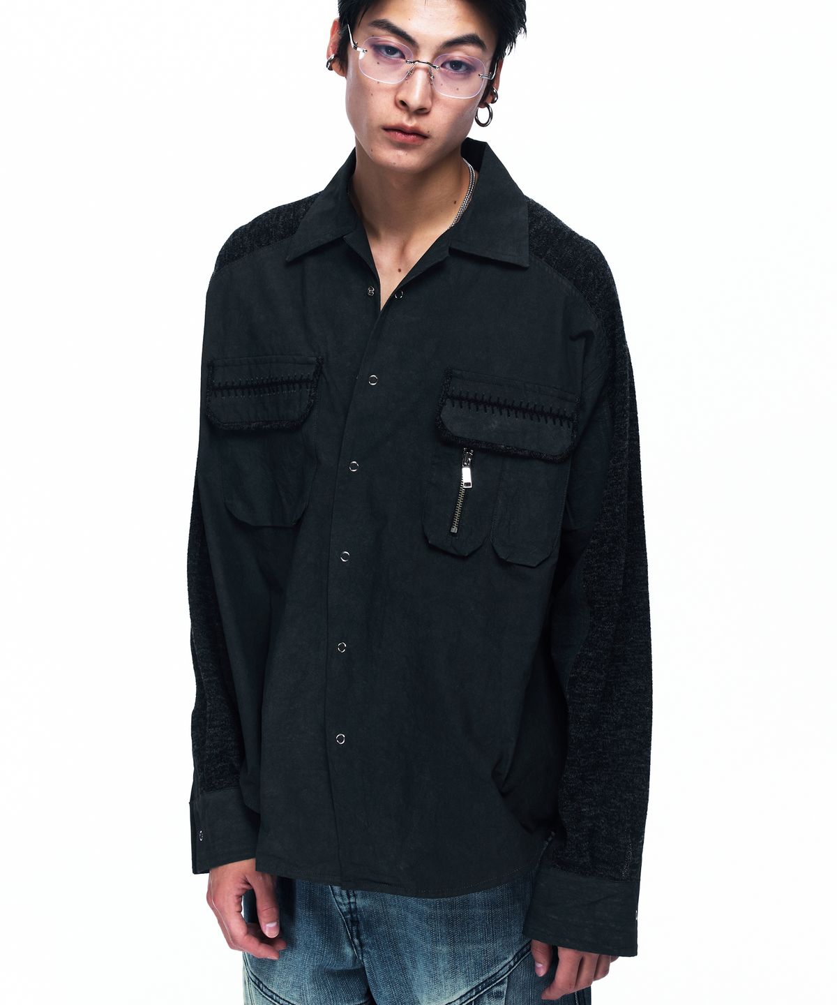 알에스에스씨(RSSC) KNIT MIX CURVED SHIRT - BLACK