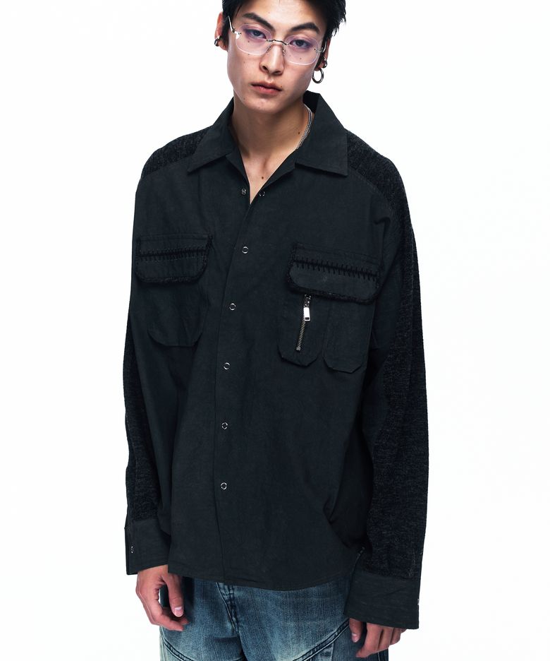KNIT MIX CURVED SHIRT - BLACK