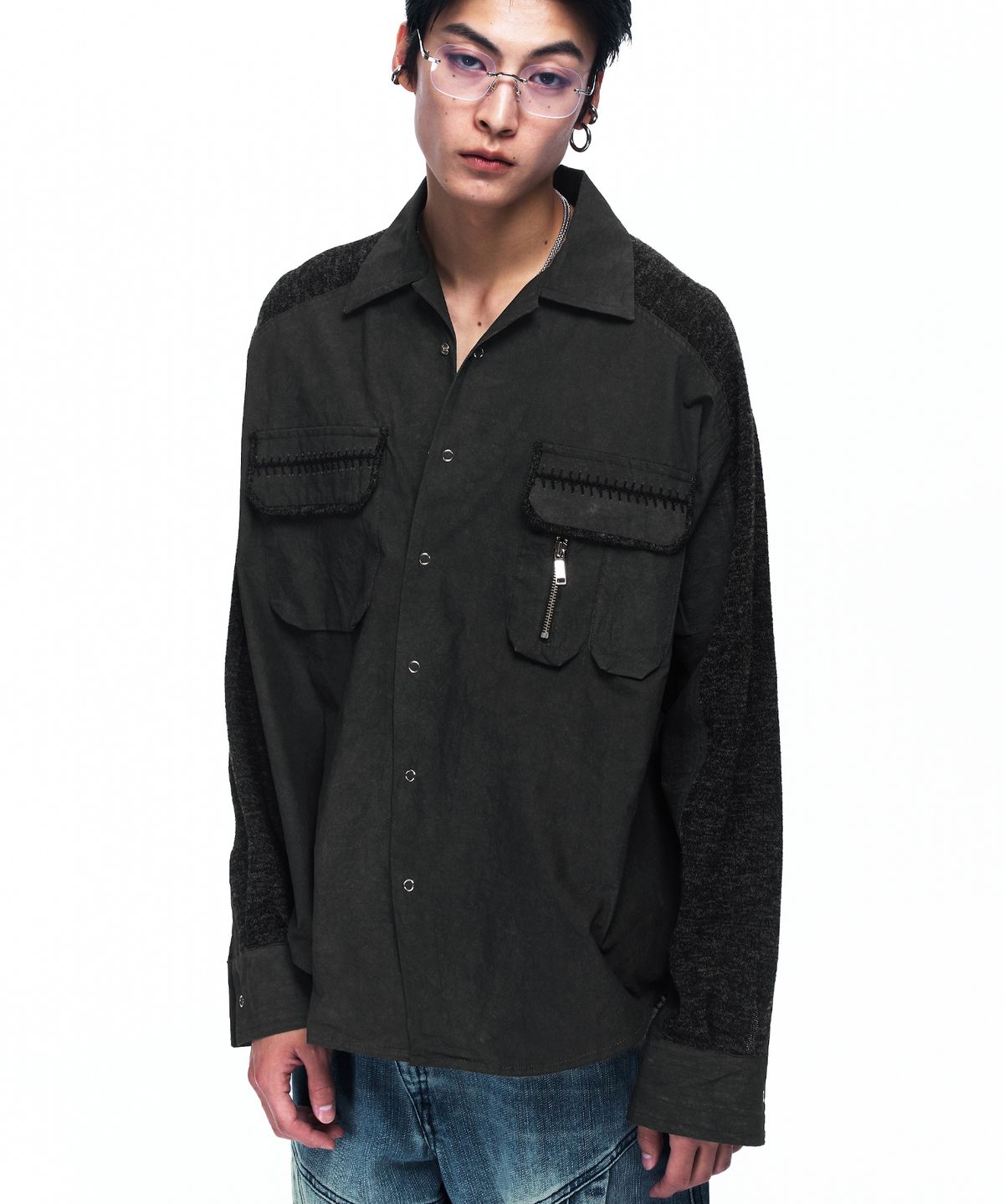 알에스에스씨(RSSC) KNIT MIX CURVED SHIRT - BLACK