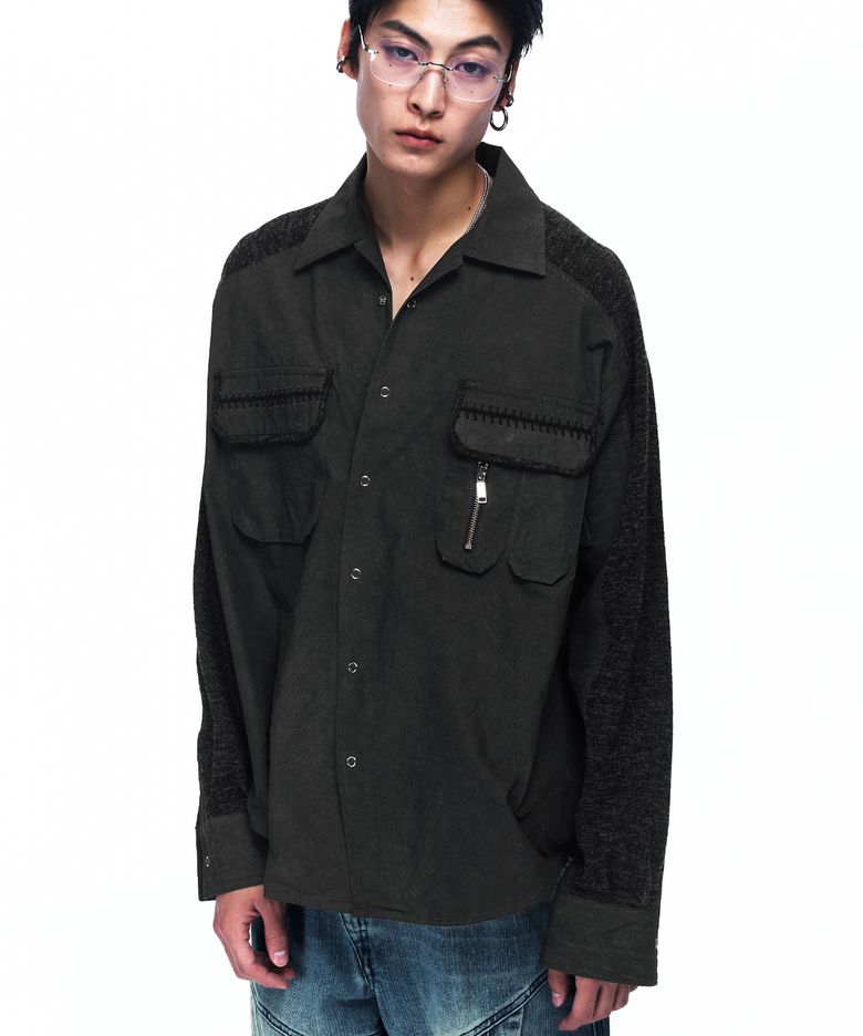 KNIT MIX CURVED SHIRT - BLACK