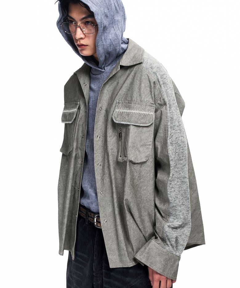 KNIT MIX CURVED SHIRT - KHAKI