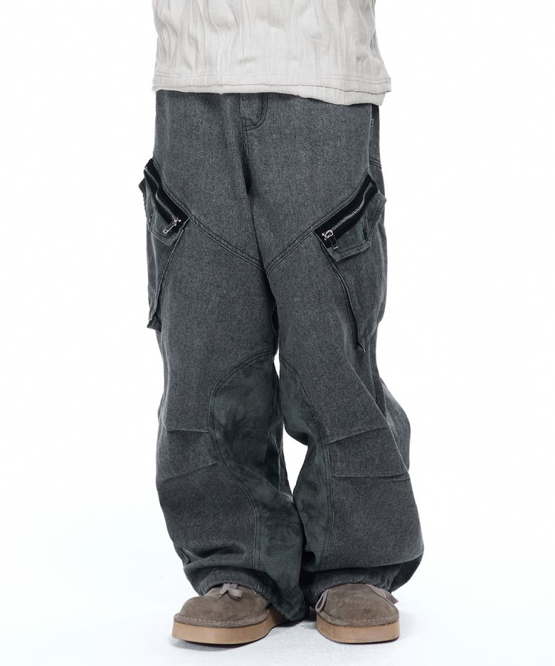 HERRINGBONE MIX CARGO PANTS - CHARCOAL