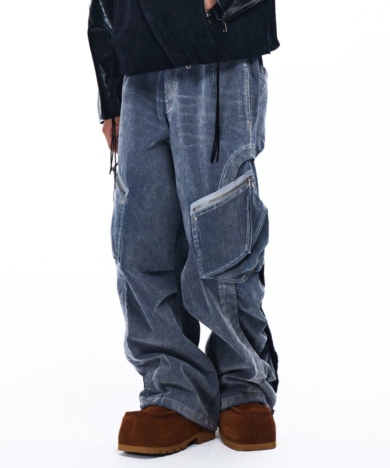 ZIPPER CARGO VELVET DENIM PANTS - FADED GRAY