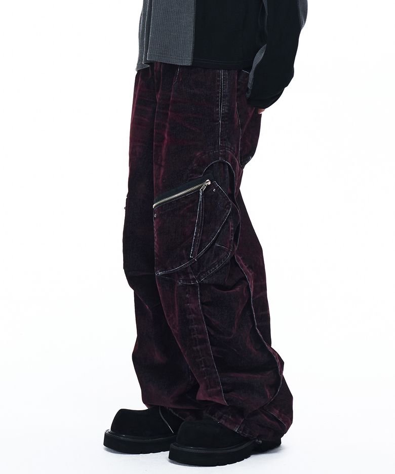 ZIPPER CARGO VELVET DENIM PANTS - FADED WINE