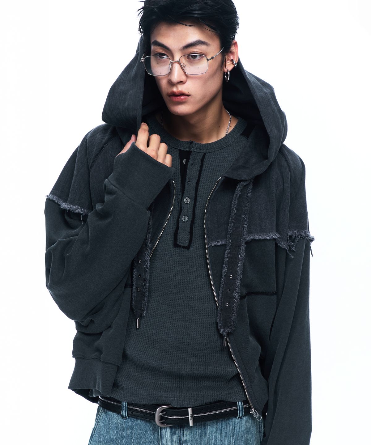 알에스에스씨(RSSC) MIX CROP HOOD ZIPUP - CHARCOAL